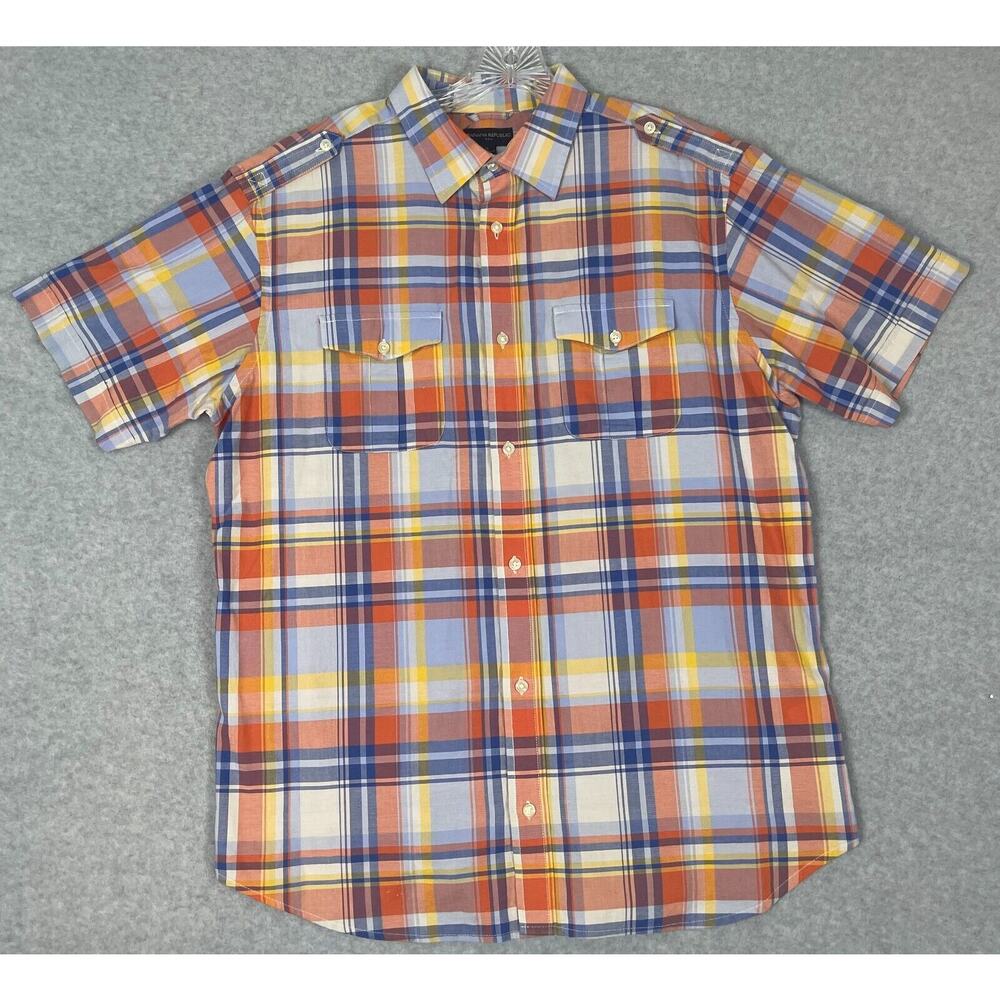 Banana Republic‎ Button Up Shirt Men's Size XL Short Sleeve Plaid Epaulettes